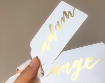 Name Tags | White Card with Gold Hand Lettered Names and Ribbon