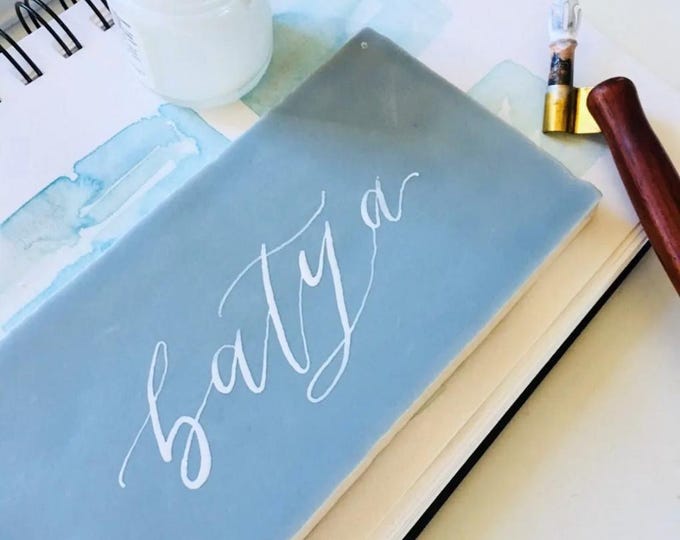 Featured listing image: Place Card Tiles | White Calligraphy Names on Baby Blue Tiles