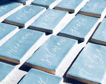 Baptism Favours | White Calligraphy Names on Baby Blue Tiles (Set of 50)