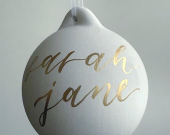 CHRISTMAS DECOR | Hand Lettered Ceramic Baubles - Personalised Calligraphy