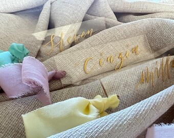 Name Tags | Place Cards with Ribbon | Clear Acrylic with Gold Calligraphy and pastel ribbons
