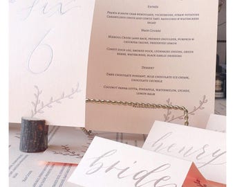 Peach TABLE NUMBERS with Gold Calligraphy Hand Lettering (Escort Cards, Place cards, Menus, Luxe Wedding Stationery, Custom)