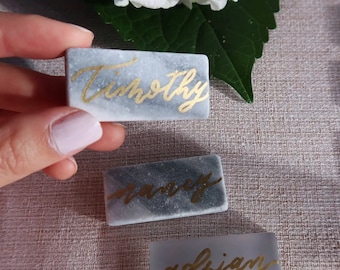 Place Card Tiles | Grey Marble and Frosted Tiles with Calligraphy Names
