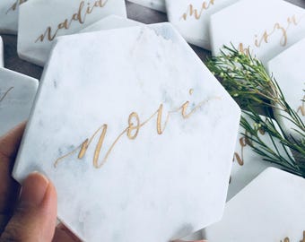 Place Card Tiles | Copperplate Gold Calligraphy Names on Marble Hexagon Tiles