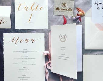 DIGITAL and PRINTED Wedding Event Stationery set// Watercolour Calligraphy suite// Blush Cream and Rose Gold (DEPOSIT 2)