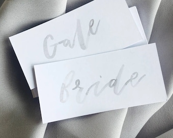 Place Cards | Dove Grey Watercolour Brush Lettering on White Card