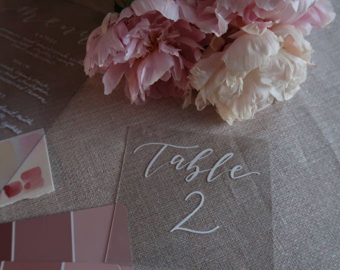 Featured listing image: TABLE NUMBERS - White Lettering on Transparent Acrylic Acetate