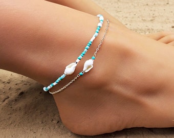 Turquoise Beaded Shell Anklet, Turquoise Beaded Stretch Anklet, Shell Anklet, Foot Bracelet, Beaded Anklet, Beach Anklet, Beach Jewelry