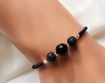 Black Lava Oil Diffuser Bracelet, Essential Oil Bracelet, Black Onyx Beaded Bracelet, Protection Bracelet, Diffuser Bracelet