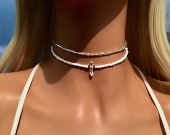 White Choker - Crystal Choker - Beaded Choker - Boho Choker Necklace - Bohemian Necklace