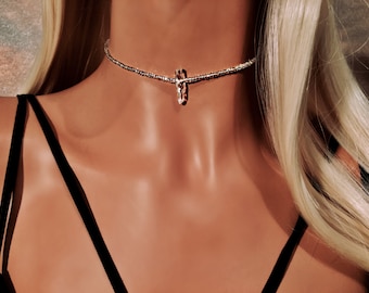 Silver Choker - Crystal Choker - Beaded Choker - Boho Choker Necklace - Bohemian Necklace