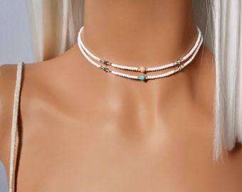 White and Turquoise Choker Necklace, Beach Choker, Turquoise Choker, White Beaded Choker, Boho Choker, Beaded Choker, Bohemian Necklace