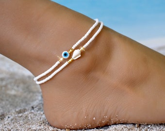 White Evil Eye Anklet, Dainty Evil Eye Anklet, Beaded Evil Eye Anklet, Greek Evil Eye Anklet, Amulet Protection Anklet, Beach Anklet