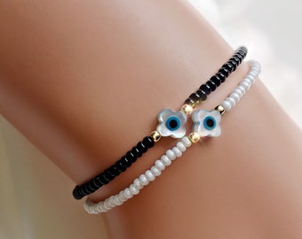 Clover Evil Eye Bracelet, Dainty White Black Evil Eye Bracelet, Beaded Tiny Evil Eye Bracelet, Greek Evil Eye Bracelet, Protection Bracelet