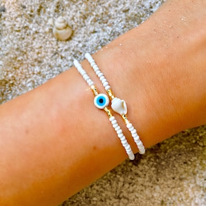 White Evil Eye Bracelet, Dainty Evil Eye Bracelet, Beaded Evil Eye Bracelet, Greek Evil Eye Bracelet, Amulet Protection Bracelet, Stacking