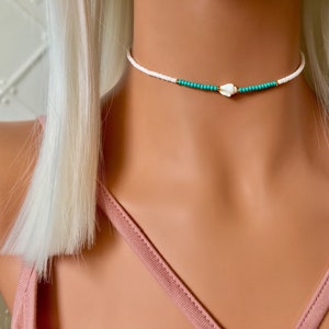 Turquoise and Shell Choker, Shell Choker Necklace, Beach Choker, White Choker Necklace, Choker Collar, Boho Choker, Beach Jewelry