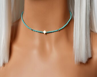 Cross Choker, Turquoise Choker Necklace, Gold Cross Choker, Gold and Turquoise Choker, Hematite Necklace, Dainty Choker, Beaded Choker, Boho