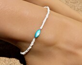 White Anklet, Beaded Anklet, Ankle Bracelet, Turquoise Anklet, Shell Anklet, Beach Jewelry, Shell Jewelry, Beach Anklet, Boho Anklet