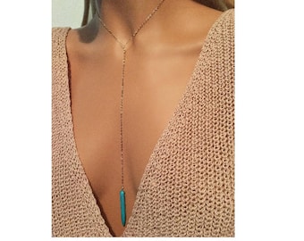 Turquoise Lariat Necklace, Turquoise Y Necklace, Gold Lariat Necklace, Long Turquoise Necklace, Gold and Turquoise Necklace, Boho Necklace