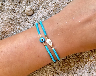 Evil Eye Bracelet, Blue Turquoise Evil Eye Bracelet, Beaded Evil Eye Bracelet, Blue Evil Eye Bracelet, Protection Bracelet, Stacking