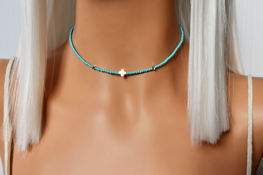 Cross Choker, Turquoise Choker Necklace, Gold Cross Choker, Gold and ...