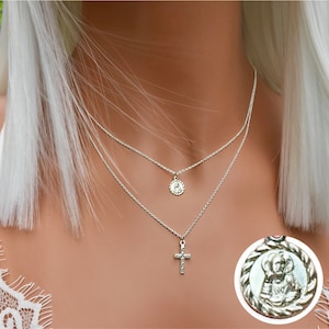 Medallion Necklace, Religious Necklace, Dainty Coin Necklace, Religious Pendant, Layering Coin Necklace, Crucifix Necklace, Jesus Necklace