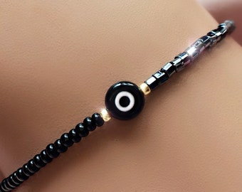 Black Evil Eye Bracelet, Custom Size Bracelet, Plus Size Bracelet, Petite Bracelet