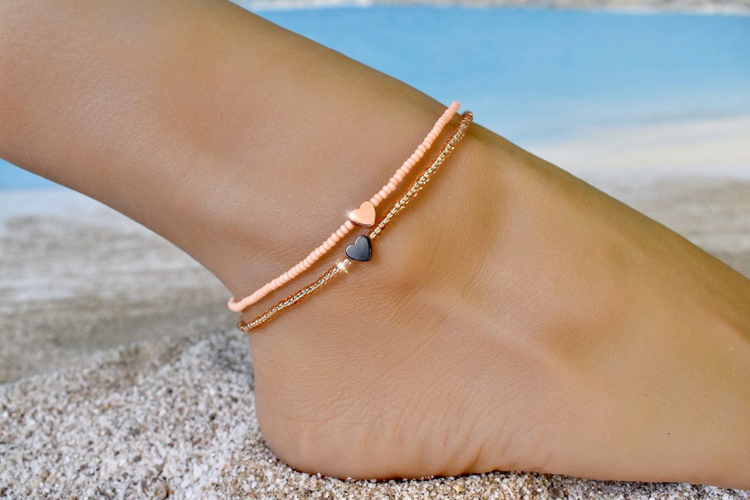 Rose Gold Heart Anklet Dainty Beaded Heart Anklet Beaded Etsy