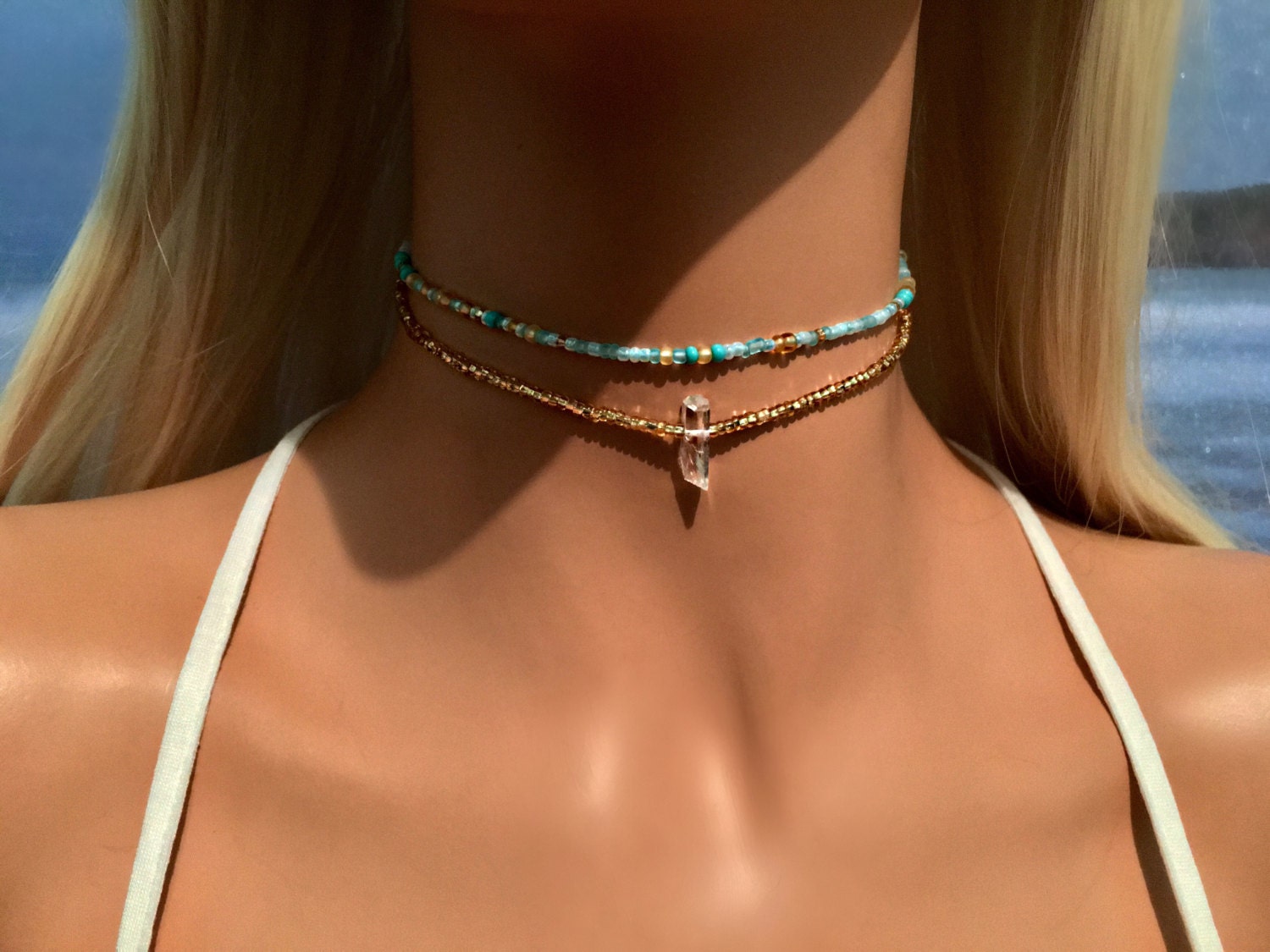 Unisex Necklace or Choker Nautical Beach Boho Casual Everyday Blue White Glass Wood Beaded Jewelry Thank You Gift Him or Her 14.25
