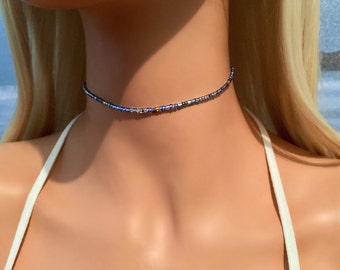 Blue Choker - Denim Choker Necklace - Boho Choker Necklace - Bohemian Necklace - Beach Jewelry