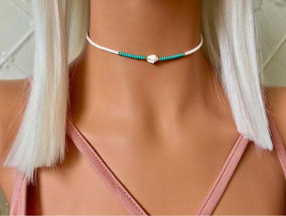 Turquoise and Shell Choker, Shell Choker Necklace, Beach Choker, White Choker Necklace, Choker Collar, Boho Choker, Beach Jewelry