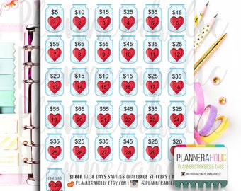 1,000 dólares en pegatinas de desafío de ahorro de 30 días / Erin Condren Planner / Happy Planner / #PS064