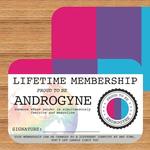Carte de membre à vie ANDROGYNE - Carte de la fierté gaie - Carte d'identité LGBT - Cadeau idéal pour la communauté arc-en-ciel