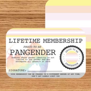 Carte de membre à vie PANGENDER - Carte de la fierté gaie - Carte d'identité LGBT - Cadeau idéal pour la communauté arc-en-ciel