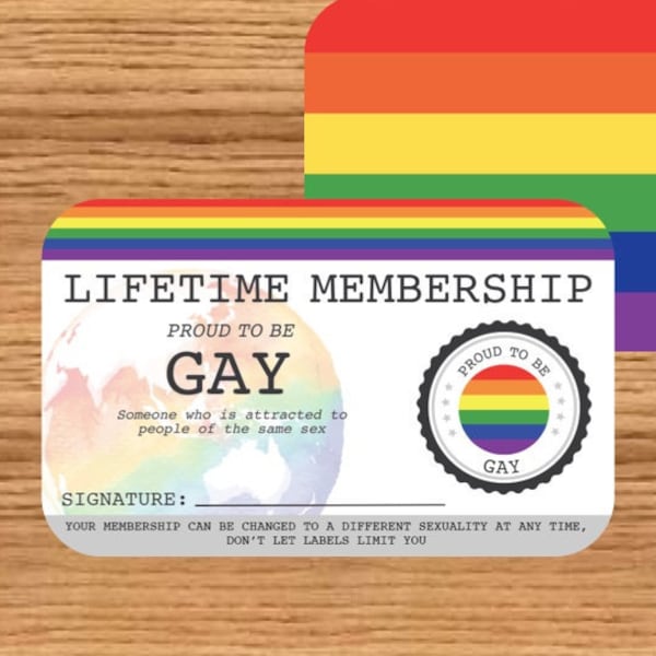 Carte de membre GAY à vie - Carte de la fierté gaie - Carte d'identité LGBT - Cadeau parfait pour la communauté arc-en-ciel