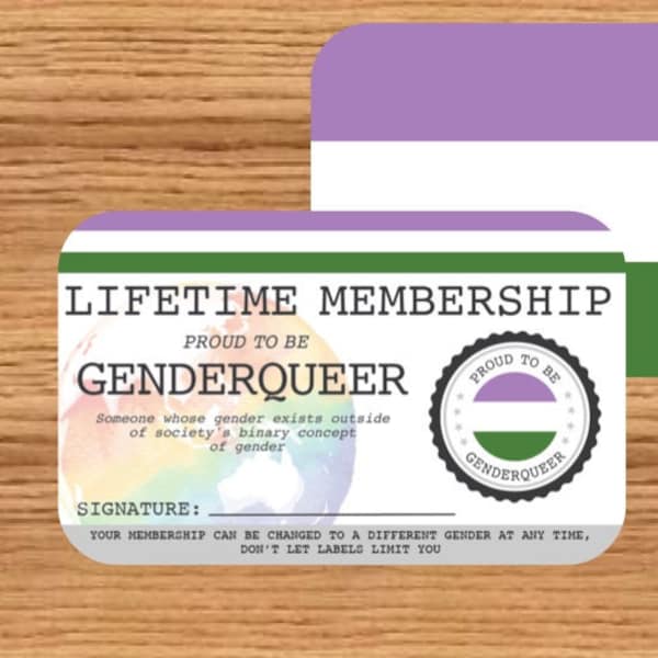 GENDERQUEER Lifetime Membership Card - Gay Pride Card - LGBT Identity Card -  perfect rainbow community gift