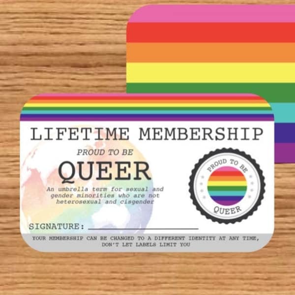 QUEER Lifetime Membership Card - Gay Pride Card - LGBT Identity Card -  perfect rainbow community gift