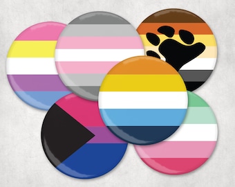 LGBTQIA+ Pin Back Badges - 32mm - 1-1/4&quot; - A-G alphabet - CUSTOM MADE