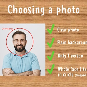 May include: A man with a beard smiles at the camera. His face is in a red circle, indicating the area that will be cropped for a profile picture. The text below the image reads "Choosing a photo" and lists four criteria for a good profile picture: clear photo, plain background, only one person, and whole face fits in circle (cropped area).