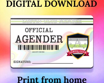 DIGITAL DOWNLOAD - LGBTQ+ Club Member Card - Official Agender - Pride id - Print At Home