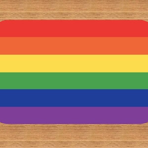 May include: A rainbow flag with six horizontal stripes in the colors red, orange, yellow, green, blue, and purple.