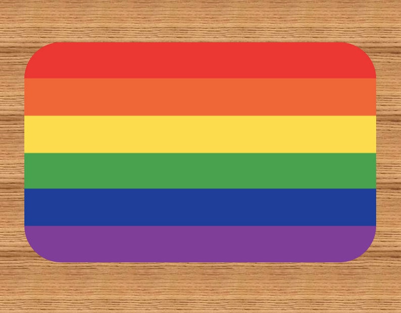 May include: A rainbow flag with six horizontal stripes in the colors red, orange, yellow, green, blue, and purple.
