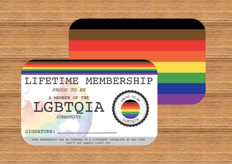 May include: A card with a rainbow flag design and the text "LIFETIME MEMBERSHIP" and "PROUD TO BE A MEMBER OF THE LGBTQIA COMMUNITY". The card also has a round seal with the text "PROUD TO BE LGBTQIA".