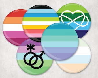 LGBTQIA+ Pin Back Badges - 32mm - 1-1/4" - G-U alphabet - CUSTOM MADE