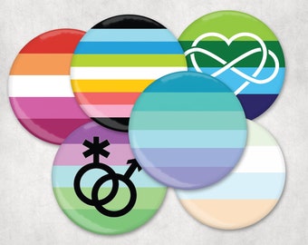 LGBTQIA+ Pin Back Badges - 32mm - 1-1/4&quot; - G-U alphabet - CUSTOM MADE