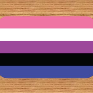 May include: A rectangular sticker with rounded corners, featuring the genderqueer pride flag. The flag has horizontal stripes of pink, white, purple, black, and blue. The sticker is set against a wood grain background.