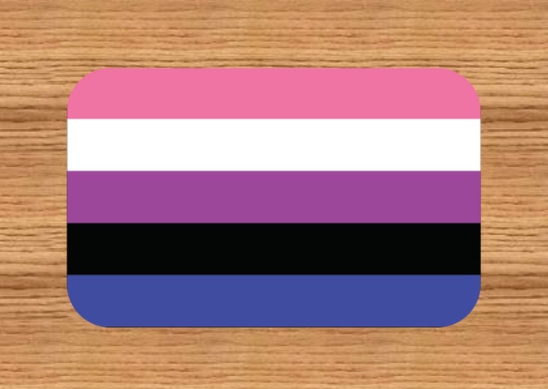 May include: A rectangular sticker with rounded corners, featuring the genderqueer pride flag. The flag has horizontal stripes of pink, white, purple, black, and blue. The sticker is set against a wood grain background.