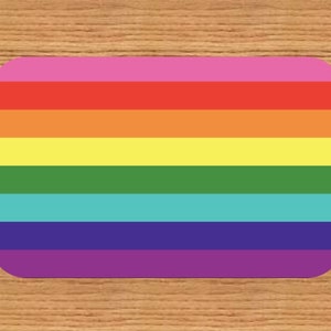 May include: A rainbow flag with six horizontal stripes in the colors of red, orange, yellow, green, blue, and purple.