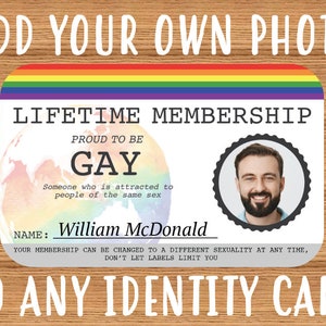 Custom LGBTQAI+ and other Membership Cards - Add you own photo - Personalised Gay Card