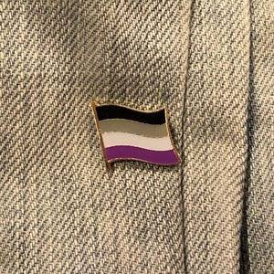 May include: Asexual pride flag pin with black, gray, white, and purple stripes. The pin is on a denim background.